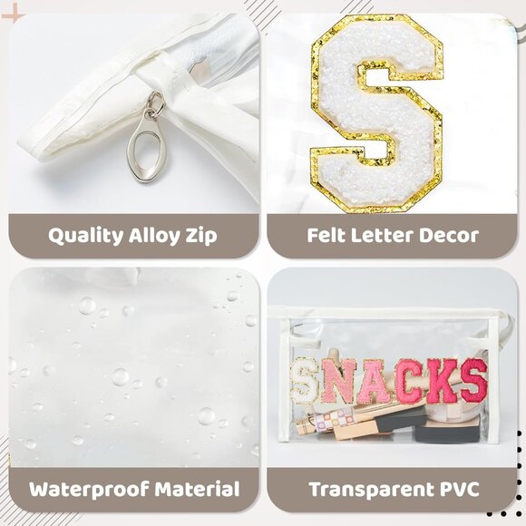 Large Clear SNACKS Pouch - Preppy Patch Rose Red Chenille Varsity Letter PVC Tra - Picture 4 of 6